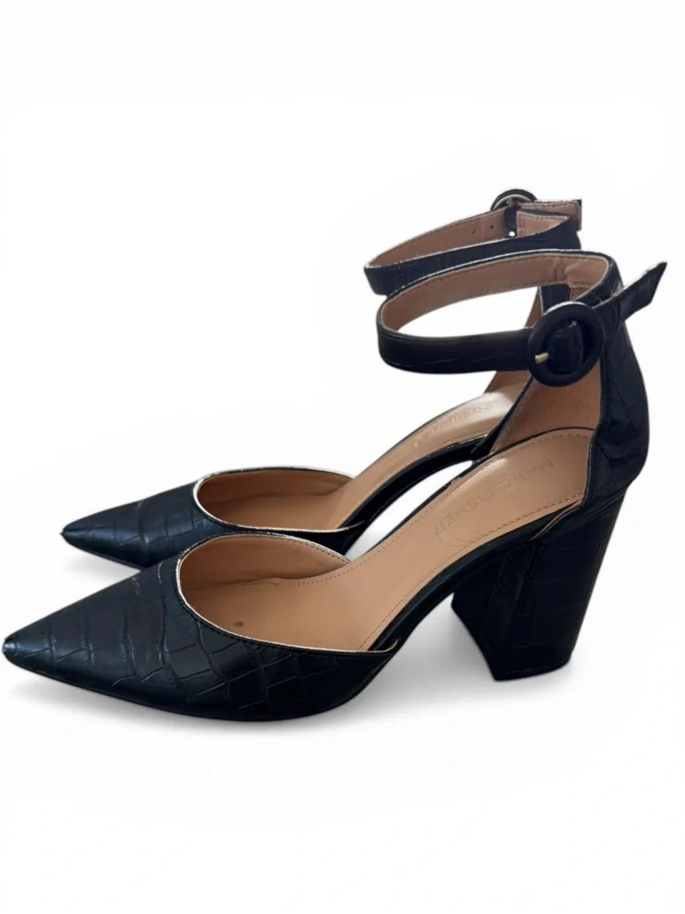 Marc Fisher Black Faux Croc Pointed Toe Block Heel Ankle Strap Pumps Women 6.5